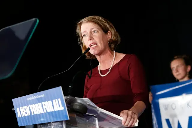 State attorney general candidate Zephyr Teachout delivers her concession speech at the Working Families Party primary night party.